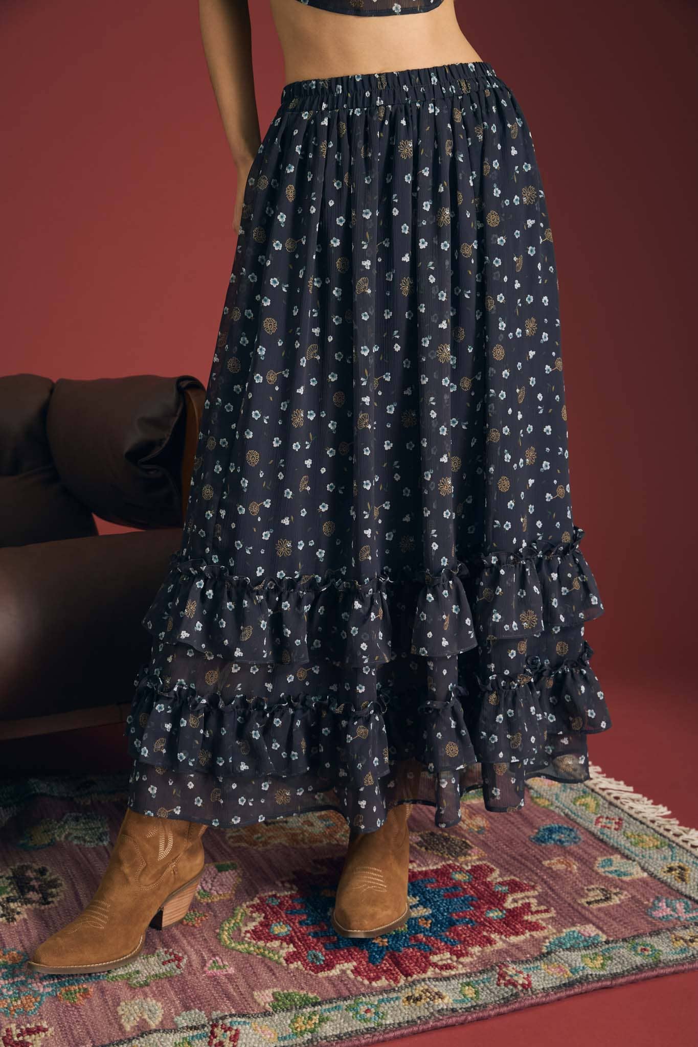 FLORAL RUFFLED TIERED HEM MIDI SKIRT: MOCHA MULTI
