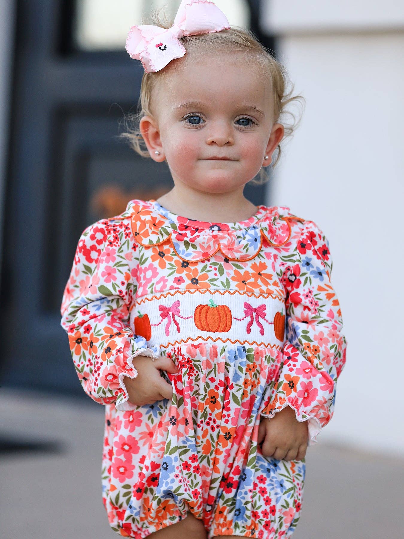 Fall Halloween & Thanksgiving Pumpkin Bow Smock Embroidered Floral Baby Girl Romper: 12M