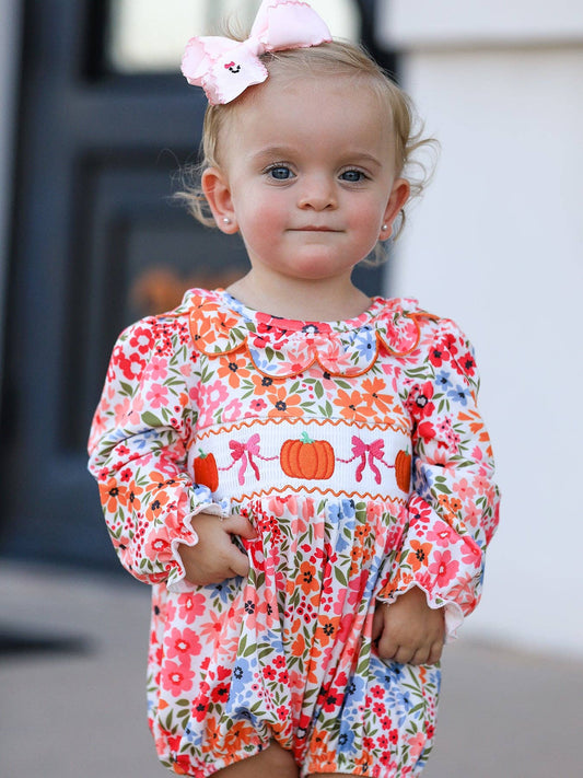 Fall Halloween & Thanksgiving Pumpkin Bow Smock Embroidered Floral Baby Girl Romper: 12M