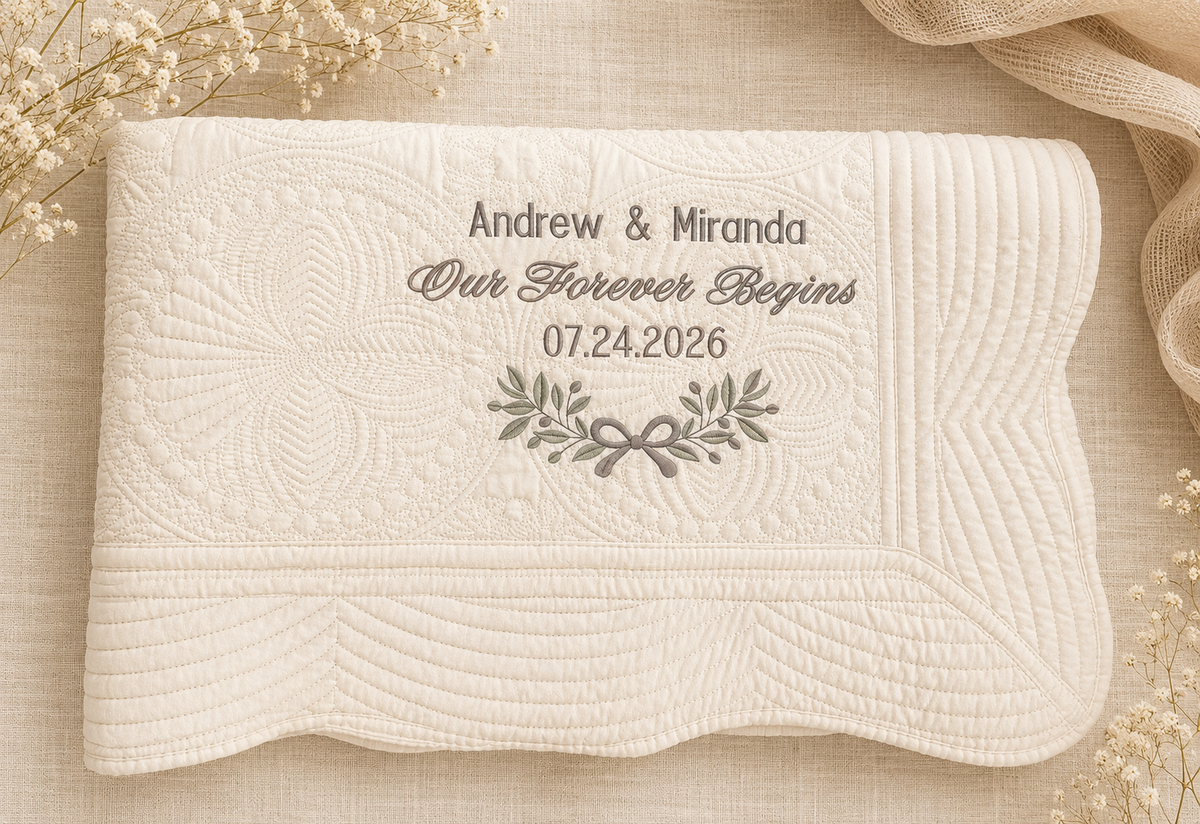 Embroidered Heirloom Ivory Quilt: