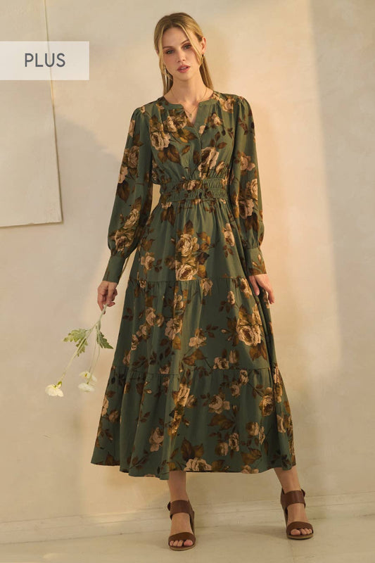Plus Floral Printed Tiered Maxi Dress: Deep Sage Multi / Plus Size / 3XL