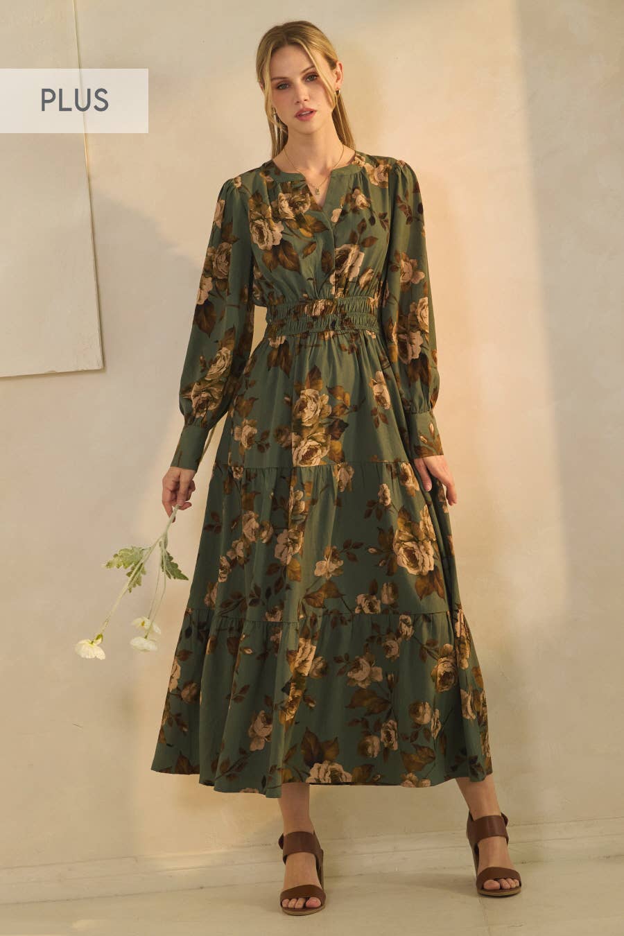 Plus Floral Printed Tiered Maxi Dress: Deep Sage Multi / Plus Size / 2XL