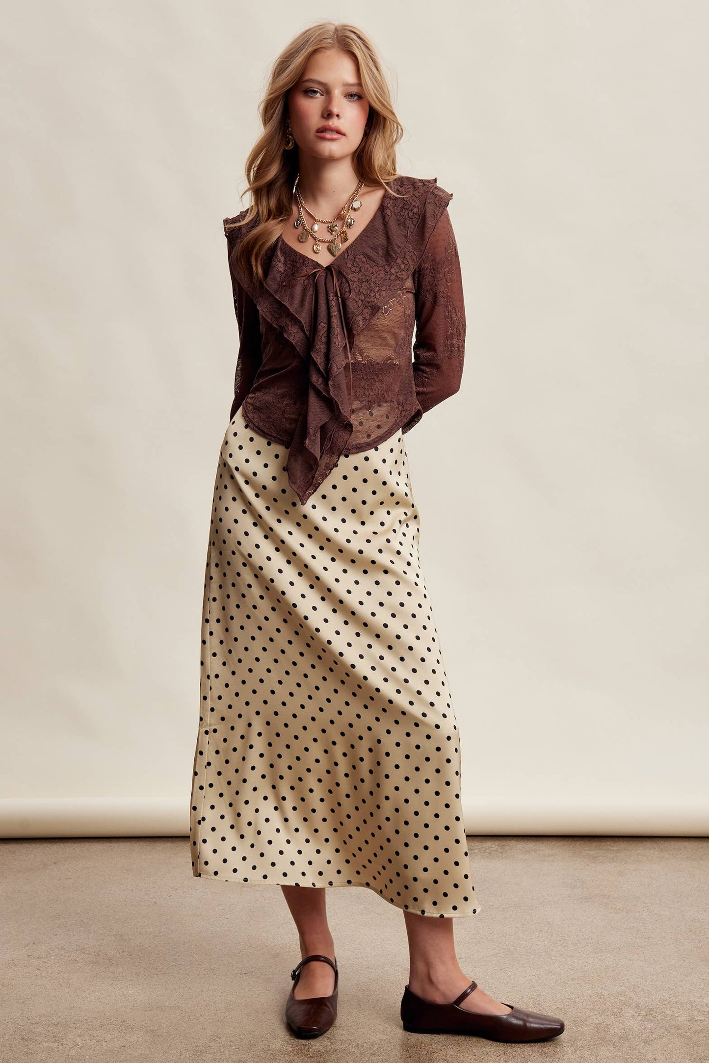 Polka Dot Satin Maxi Skirt LSK0289: Mocha / Contemporary / S