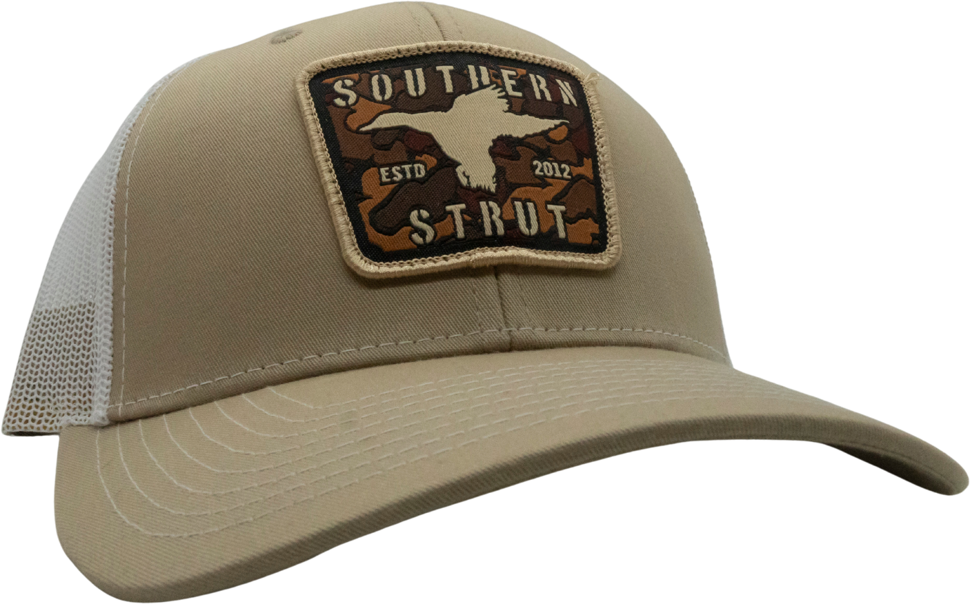 Camo Duck Woven Patch Trucker Hat: Tan/Loden/Brown