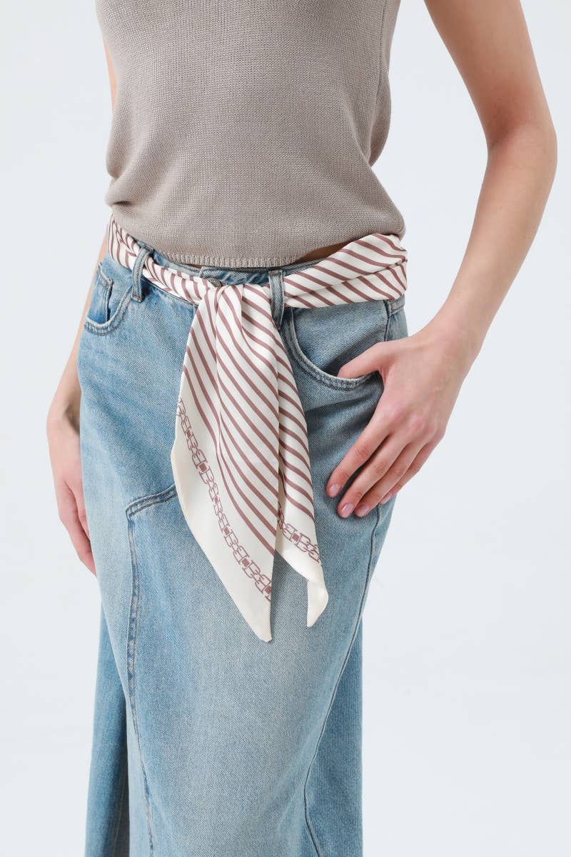Striped Satin Silky Skinny Scarf: Cream