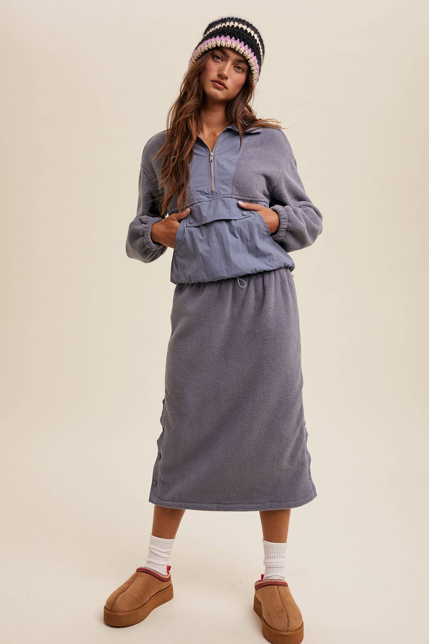 Fleece Pullover & Skirt Set: Taupe / Contemporary / M