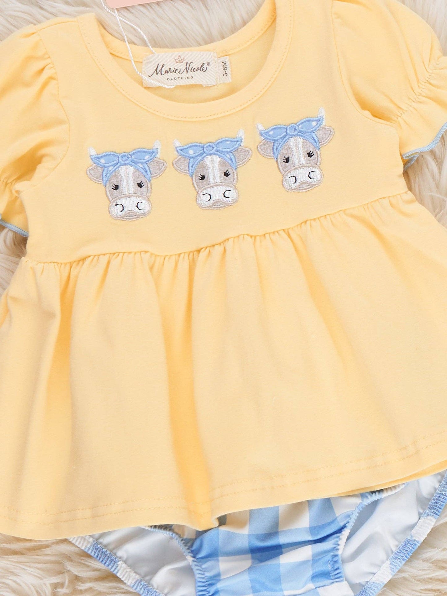 Embroidered Cows Gingham Bloomers Outfit: 0/3MOS