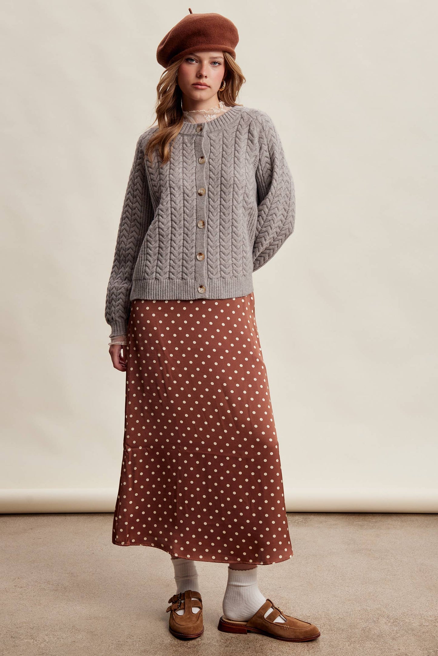 Polka Dot Satin Maxi Skirt LSK0289: Mocha / Contemporary / S