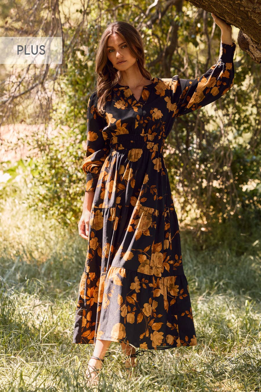 Plus Floral Printed Tiered Maxi Dress: Deep Sage Multi / Plus Size / 3XL