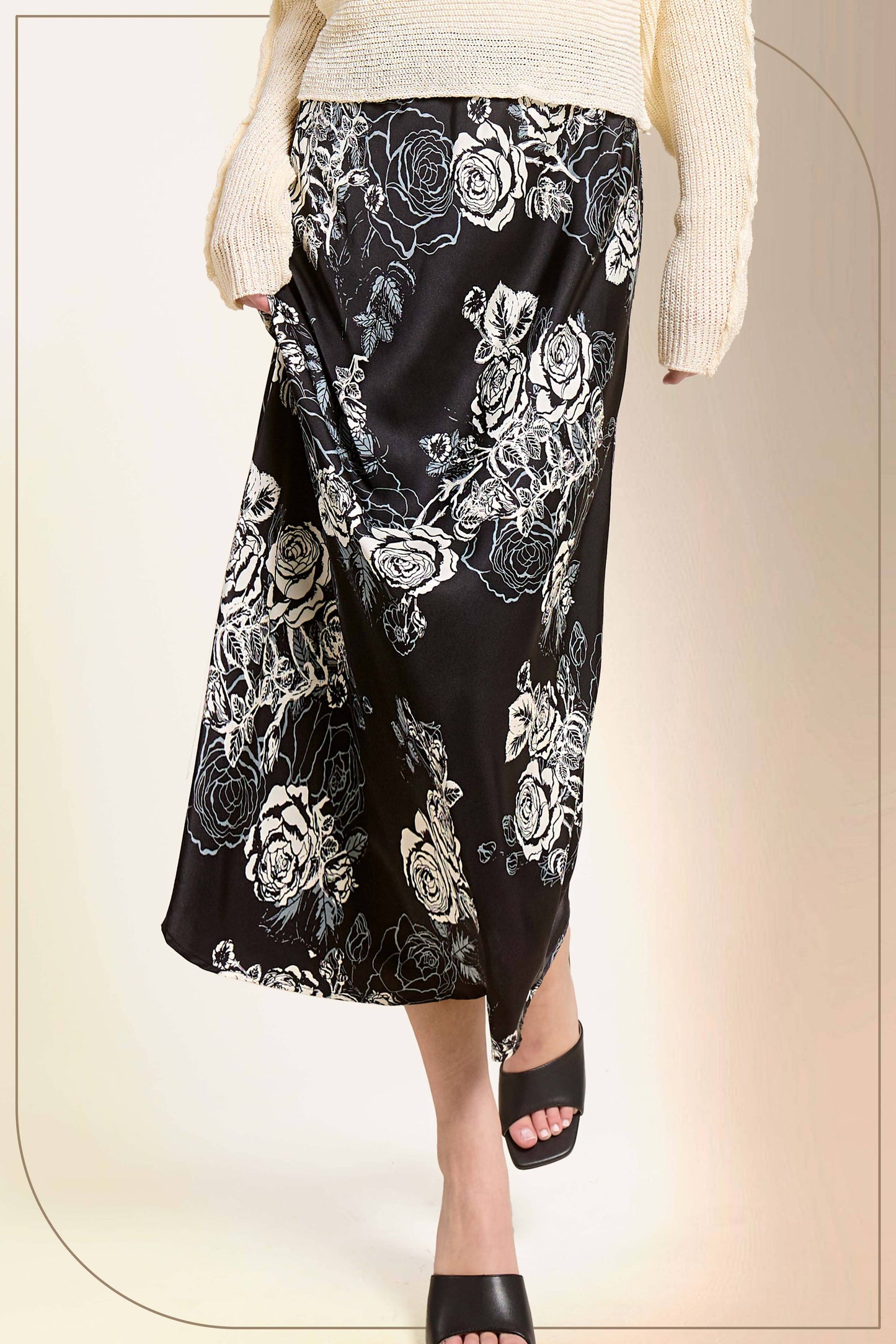 JDP4238-Elegant Contrast Floral Satin Midi Skirt: Black / L