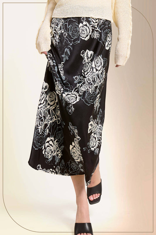 JDP4238-Elegant Contrast Floral Satin Midi Skirt: Black / S