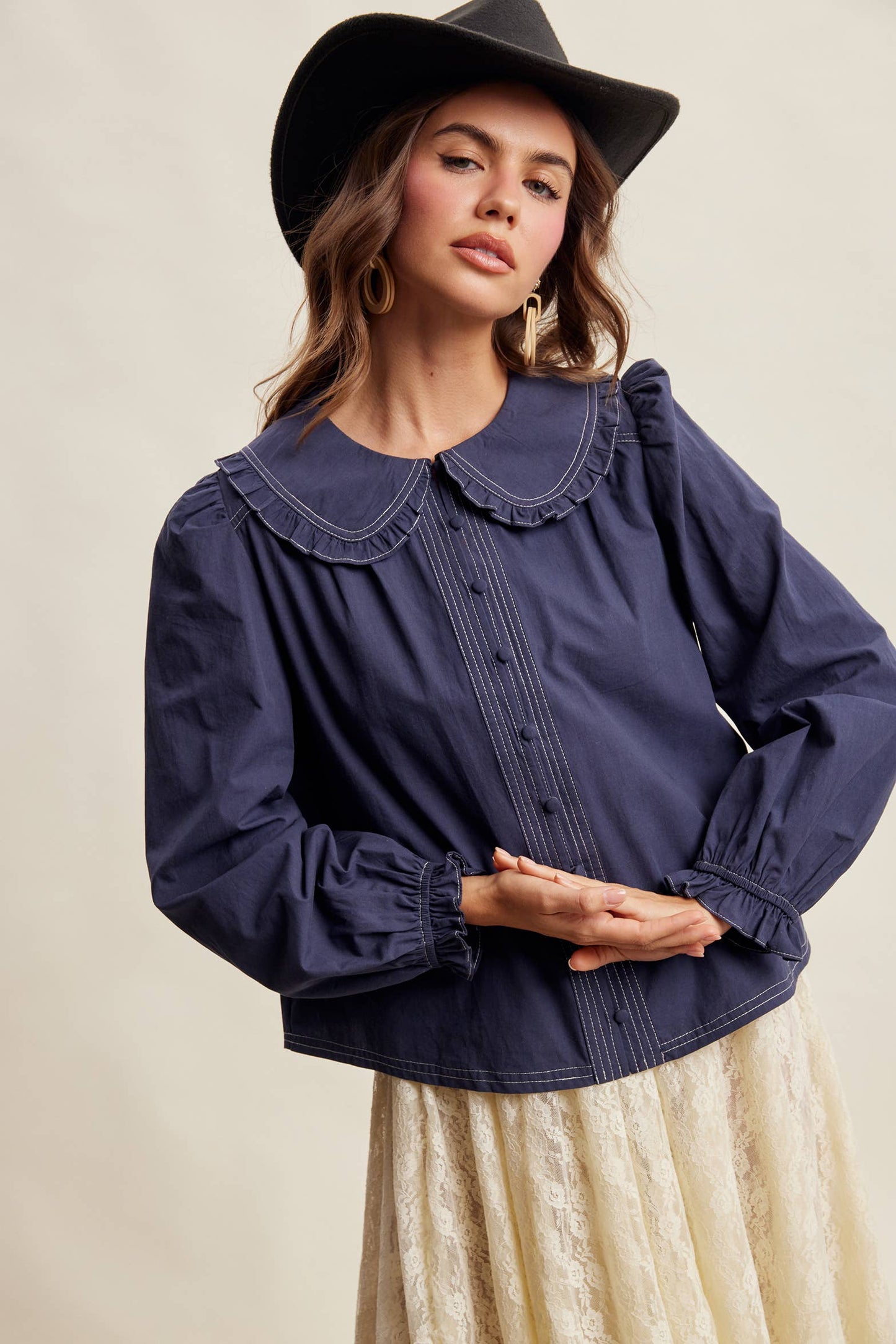 Contrast Stitch Ruffle Collar Cotton Blouse LT1488: Cream / Contemporary / S