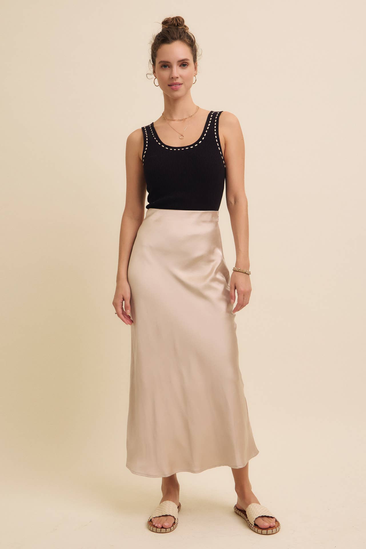 HIGH QUALITY THICK SILKY SATIN BIAS CUT MAXI SKIRT: BLACK / S