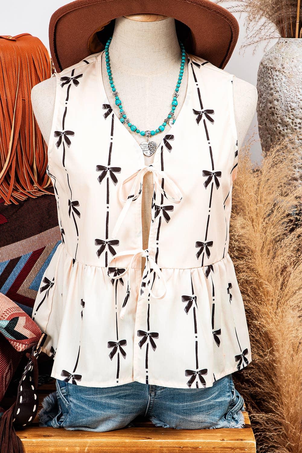 Fashion-W Bow Printed Tie Closure Ruffled Vest: As shown / Missy / L