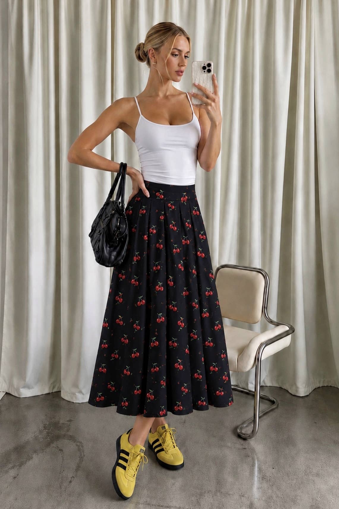 CHRRY PRINT MIDI SKIRT: BLACK CHERRY / S