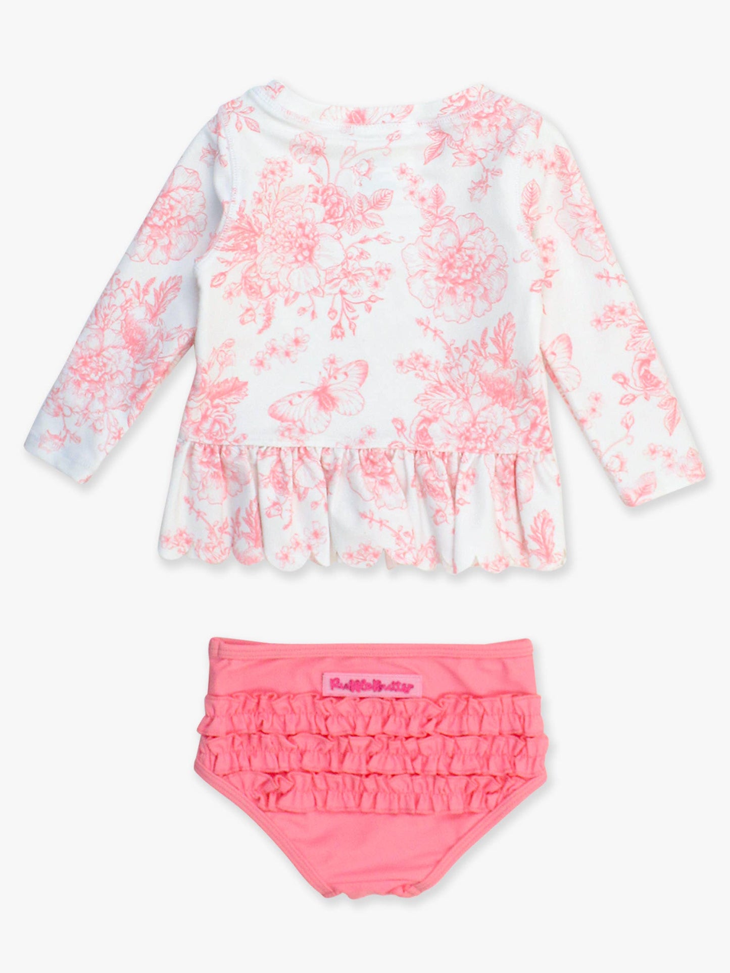 Girls Pink Butterfly Garden Toile Long Sleeve Rash Guard 2-Piece: Pink / 3T
