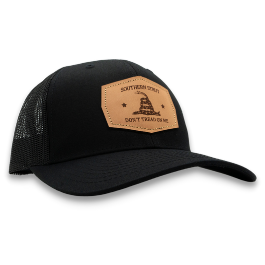 Don't Tread Leather Patch Trucker Hat: Black/Black