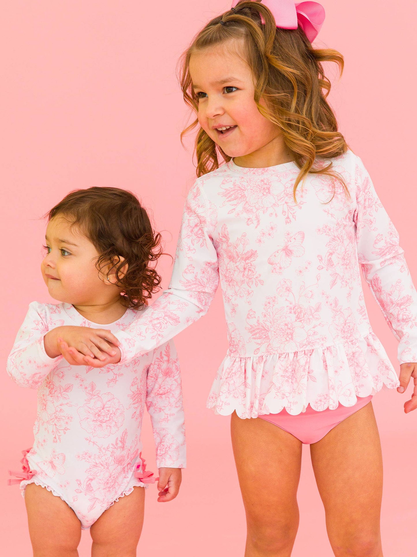 Girls Pink Butterfly Garden Toile Long Sleeve Rash Guard 2-Piece: Pink / 4T