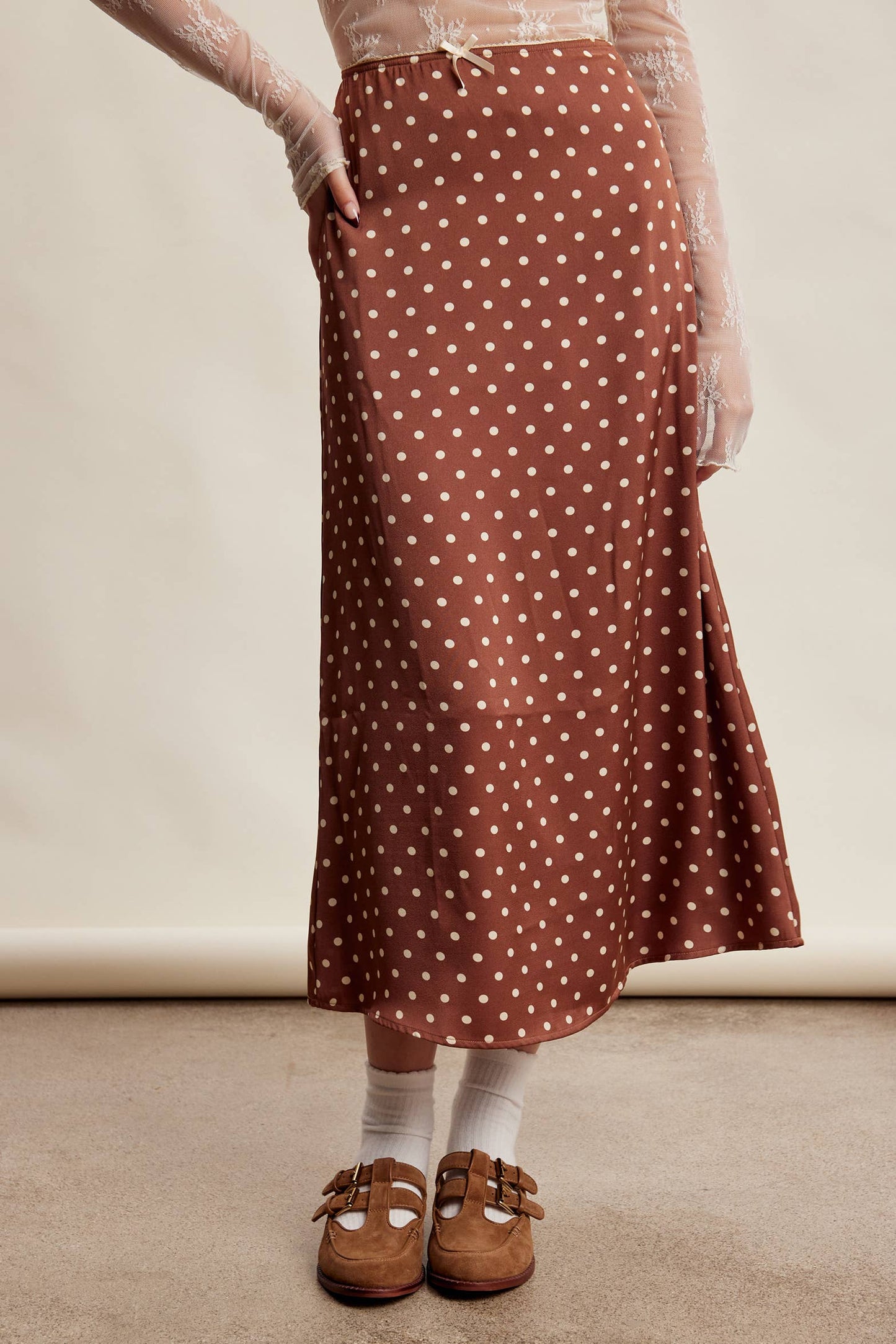 Polka Dot Satin Maxi Skirt LSK0289: Mocha / Contemporary / L