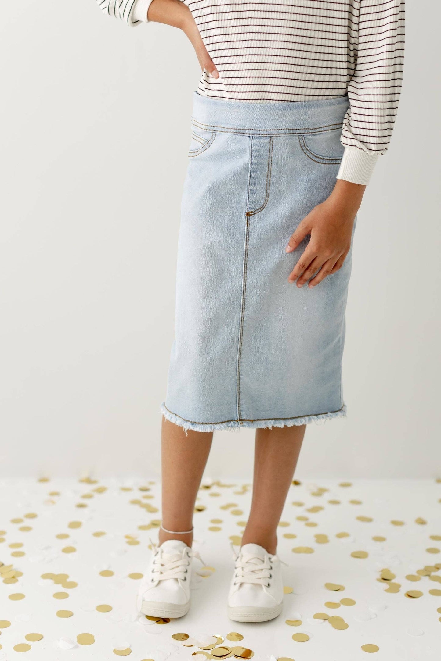 'Sara' Girl Classic Denim Skirt in Light Wash: Girl 10
