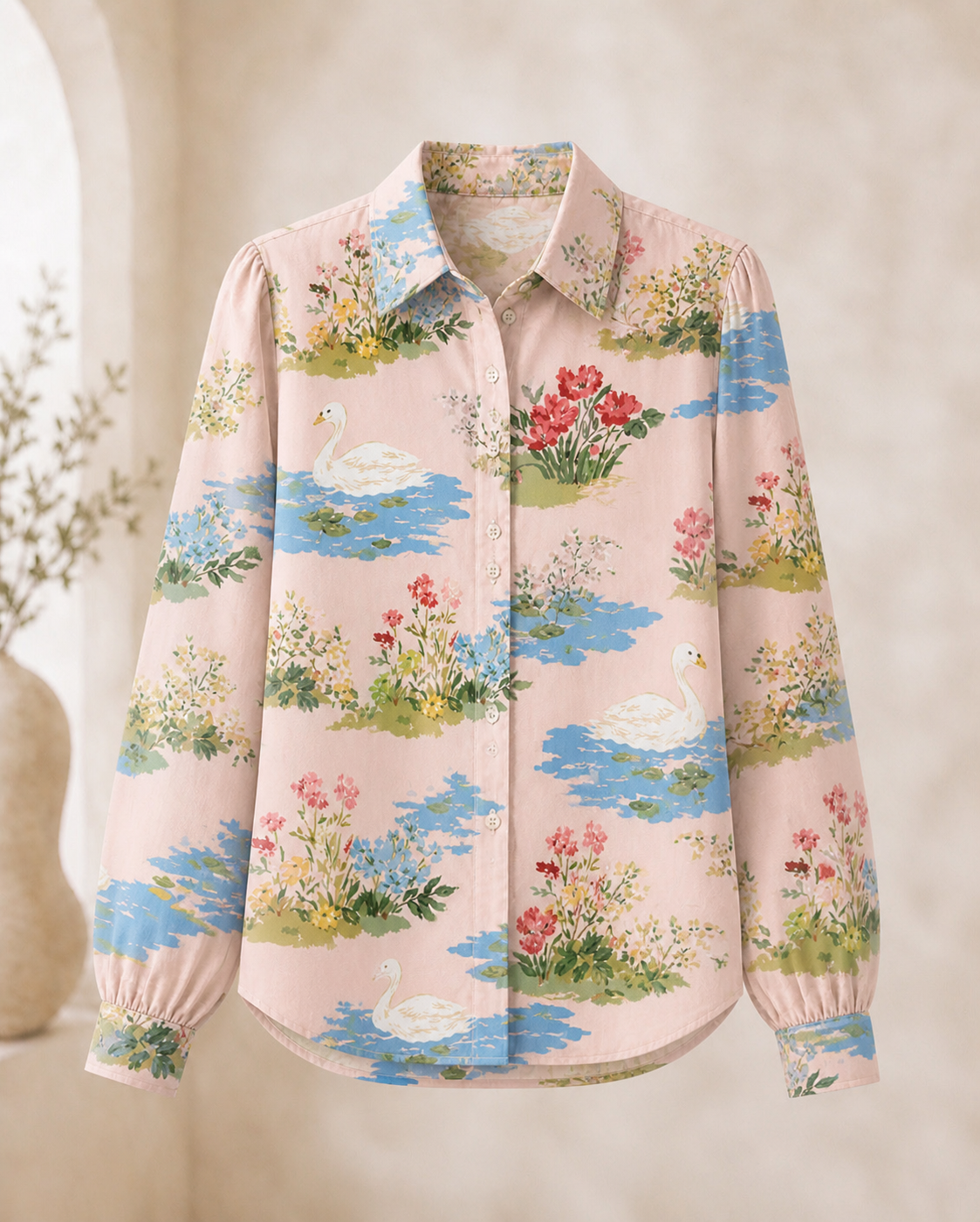 Woven Botanica Swan Collection- Ladies Button Down Top- PREORDER
