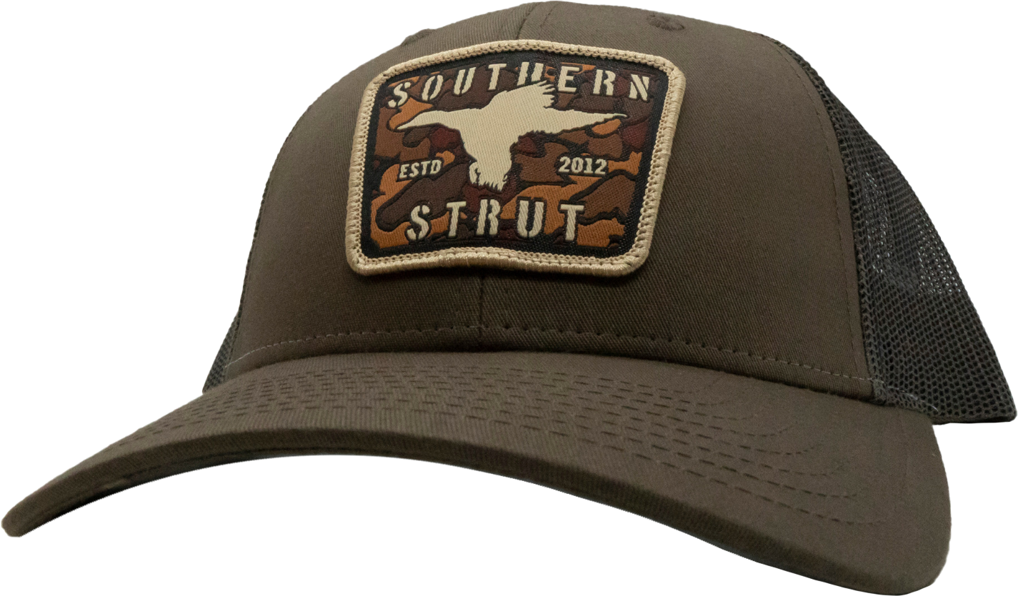 Camo Duck Woven Patch Trucker Hat: Tan/Loden/Brown