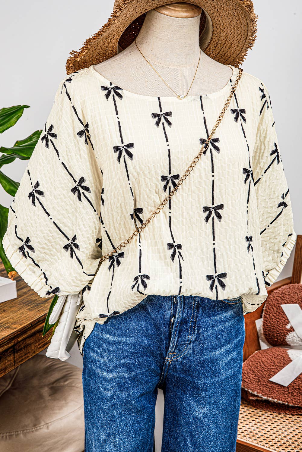 Fashion-W Bow Print Puff Short Sleeve Top: As shown / Missy / L