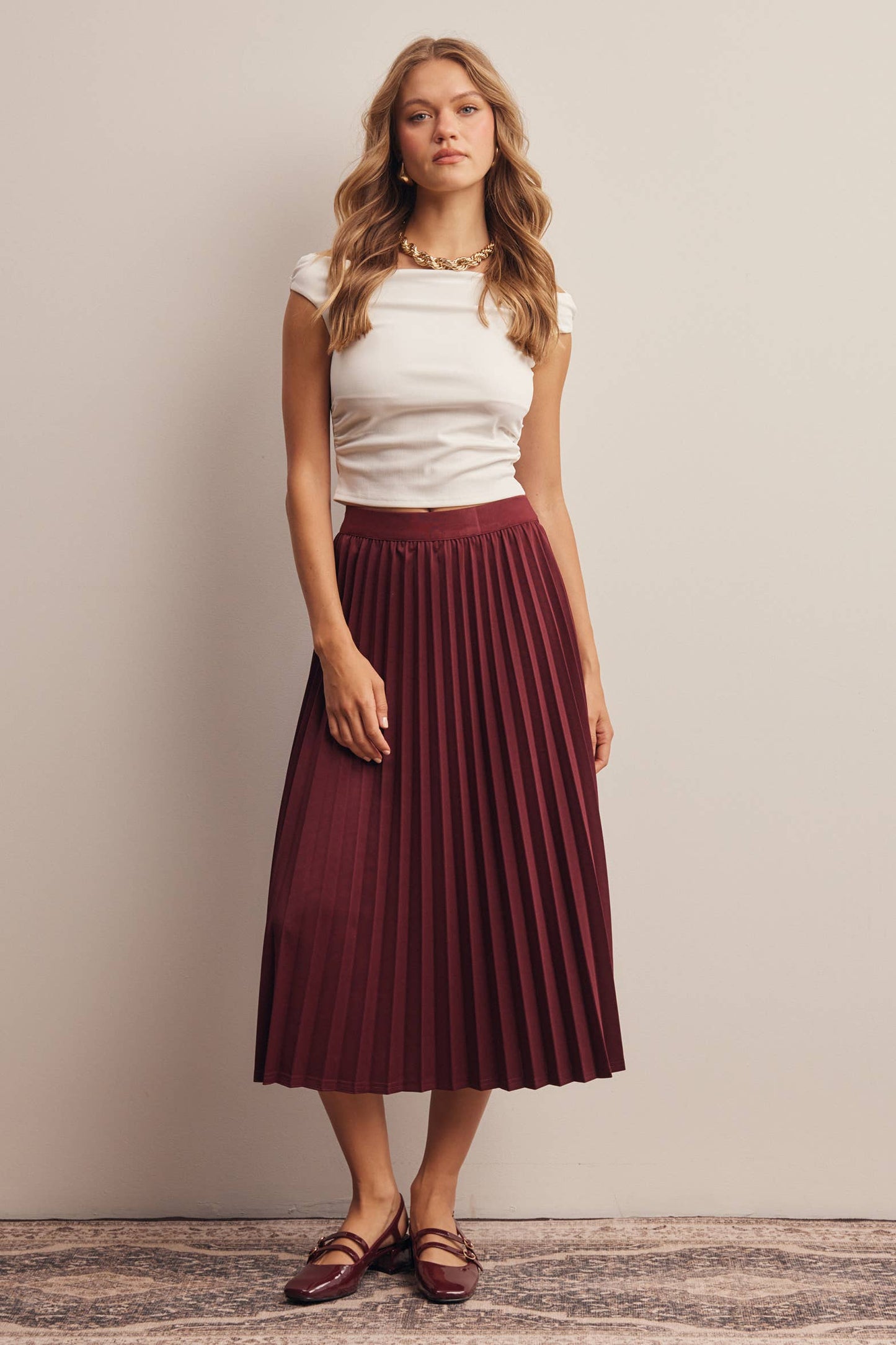 Stretch Pleated Midi Skirt FSK0027: Brown / Contemporary / M