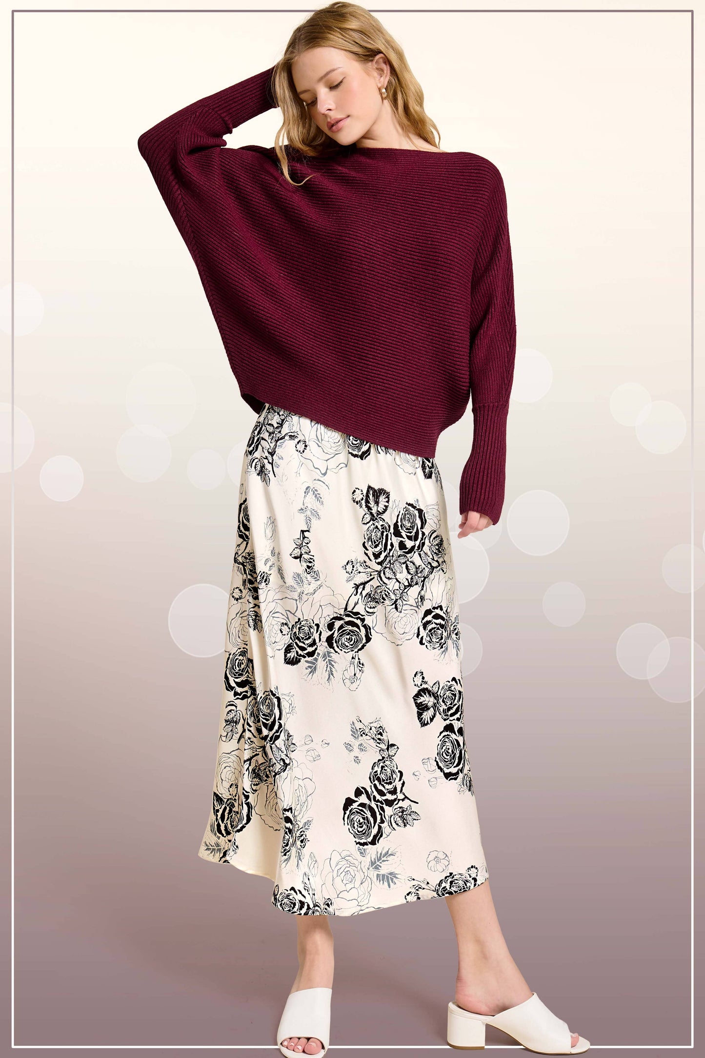 JDP4238-Elegant Contrast Floral Satin Midi Skirt: Black / L