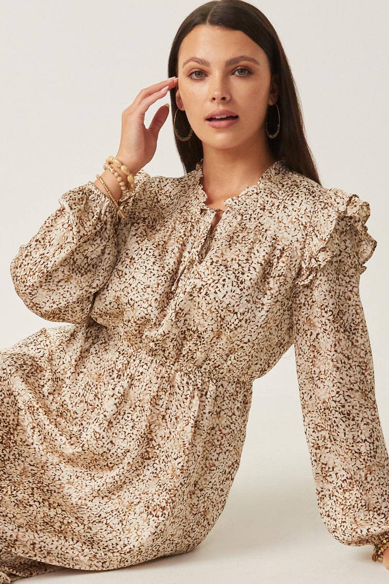 Womens Ditsy Floral Ruffle Detailed Buttoned Dress: Taupe / M