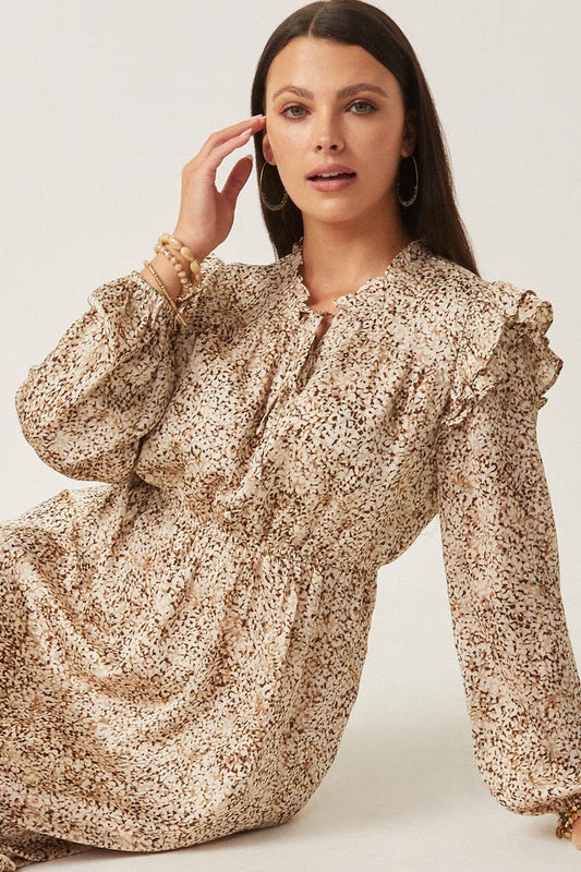 Womens Ditsy Floral Ruffle Detailed Buttoned Dress: Taupe / M