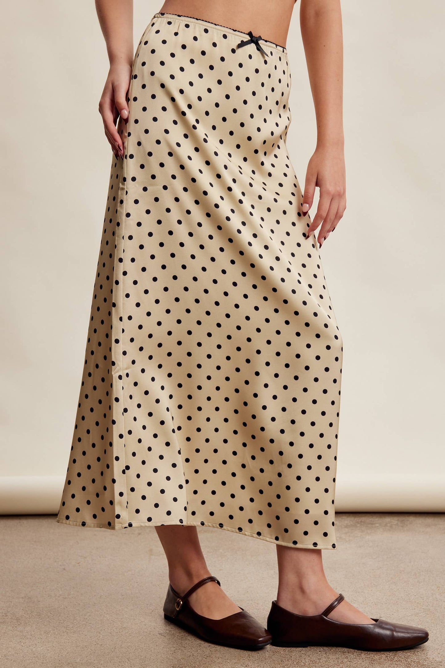 Polka Dot Satin Maxi Skirt LSK0289: Mocha / Contemporary / S