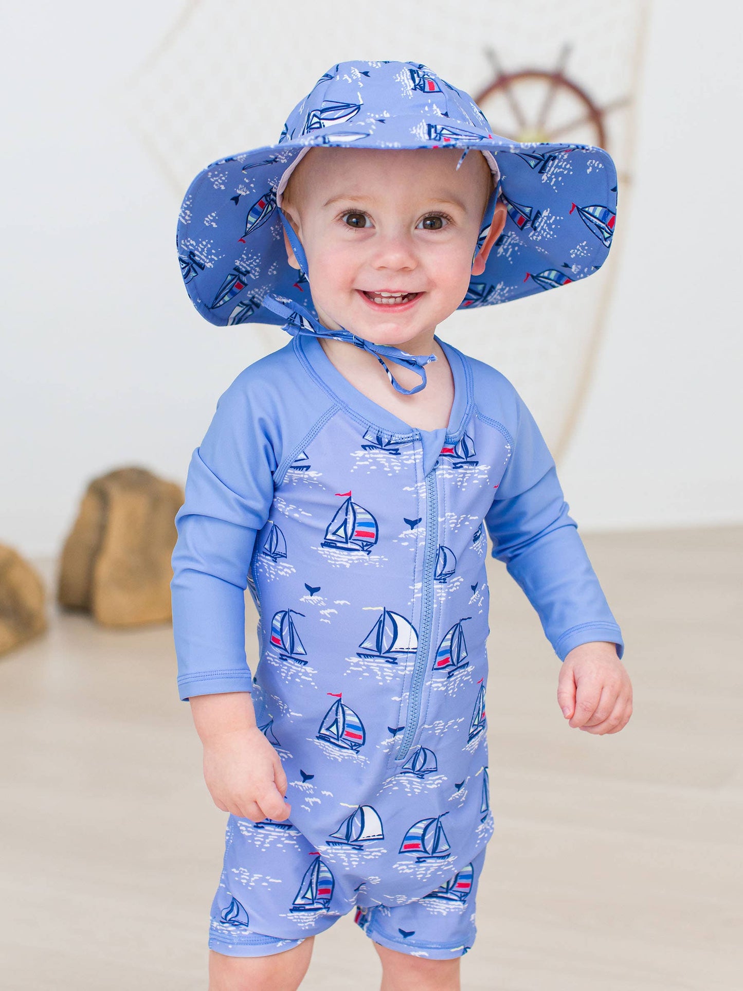 Baby Boys Blue Seas the Day Long Sleeve One Piece Rash Guard: Blue / 3-6m