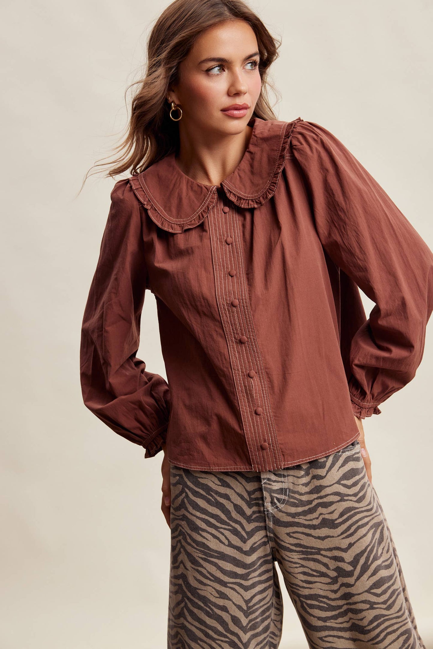 Contrast Stitch Ruffle Collar Cotton Blouse LT1488: Cream / Contemporary / L
