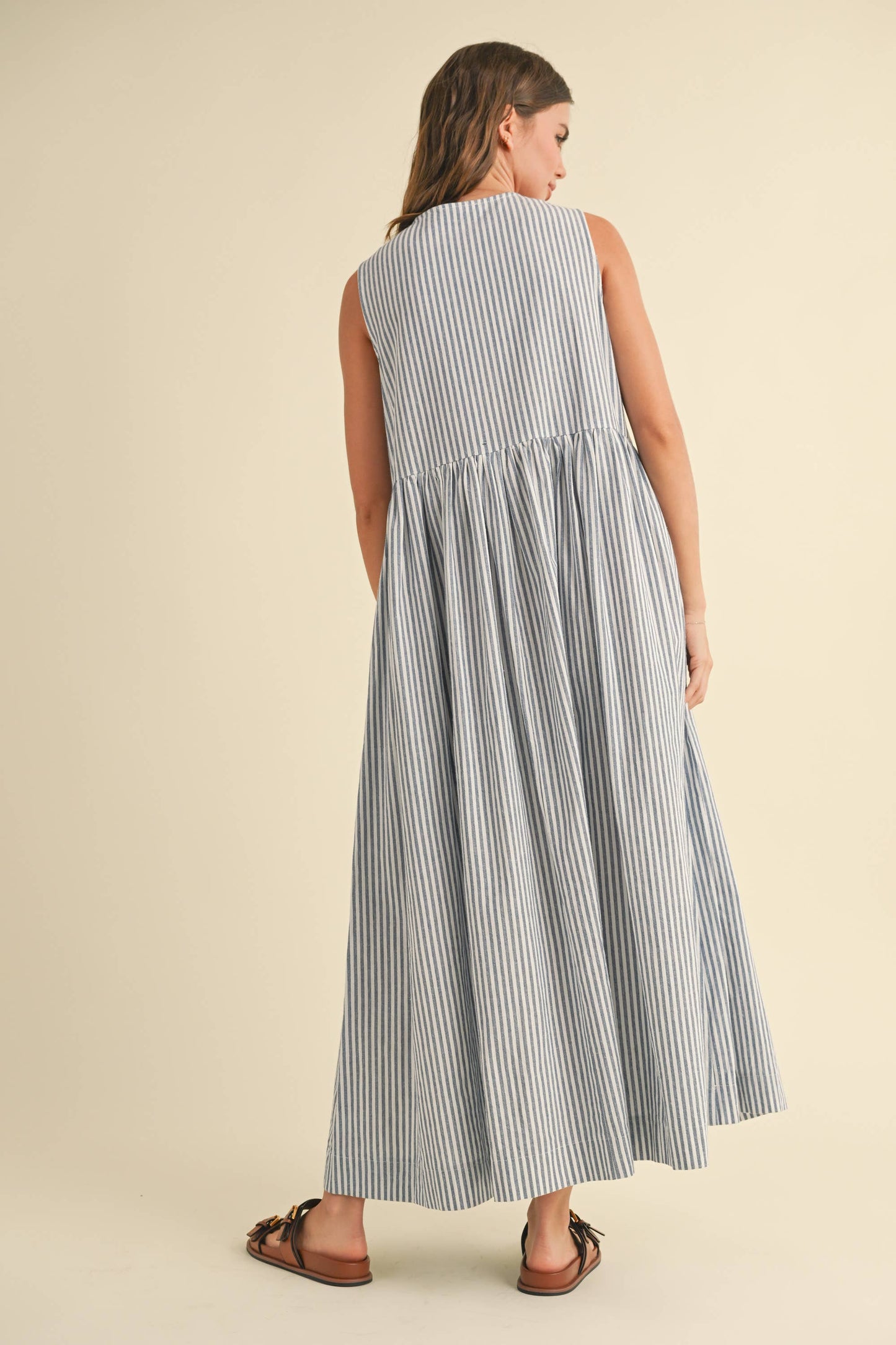 D4886   STRIPE FABRIC WITH BOW TIE FRONT DRESS: Blue / S
