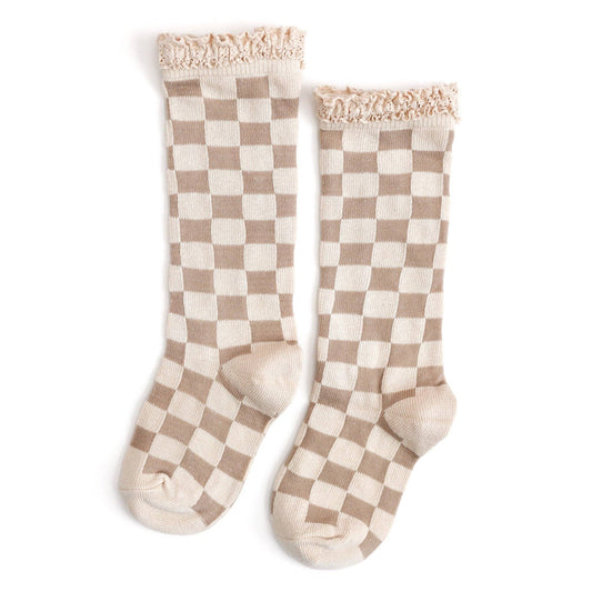 Checkered Lace Top Knee High Socks - Vanilla/Oat: 1.5-3 YEARS