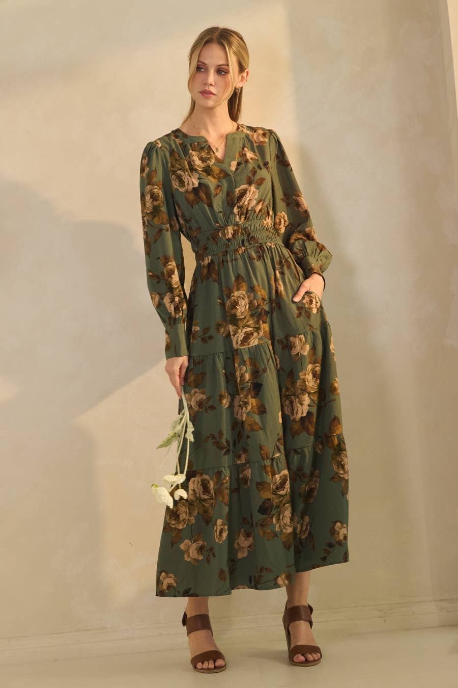 Plus Floral Printed Tiered Maxi Dress: Deep Sage Multi / Plus Size / 2XL