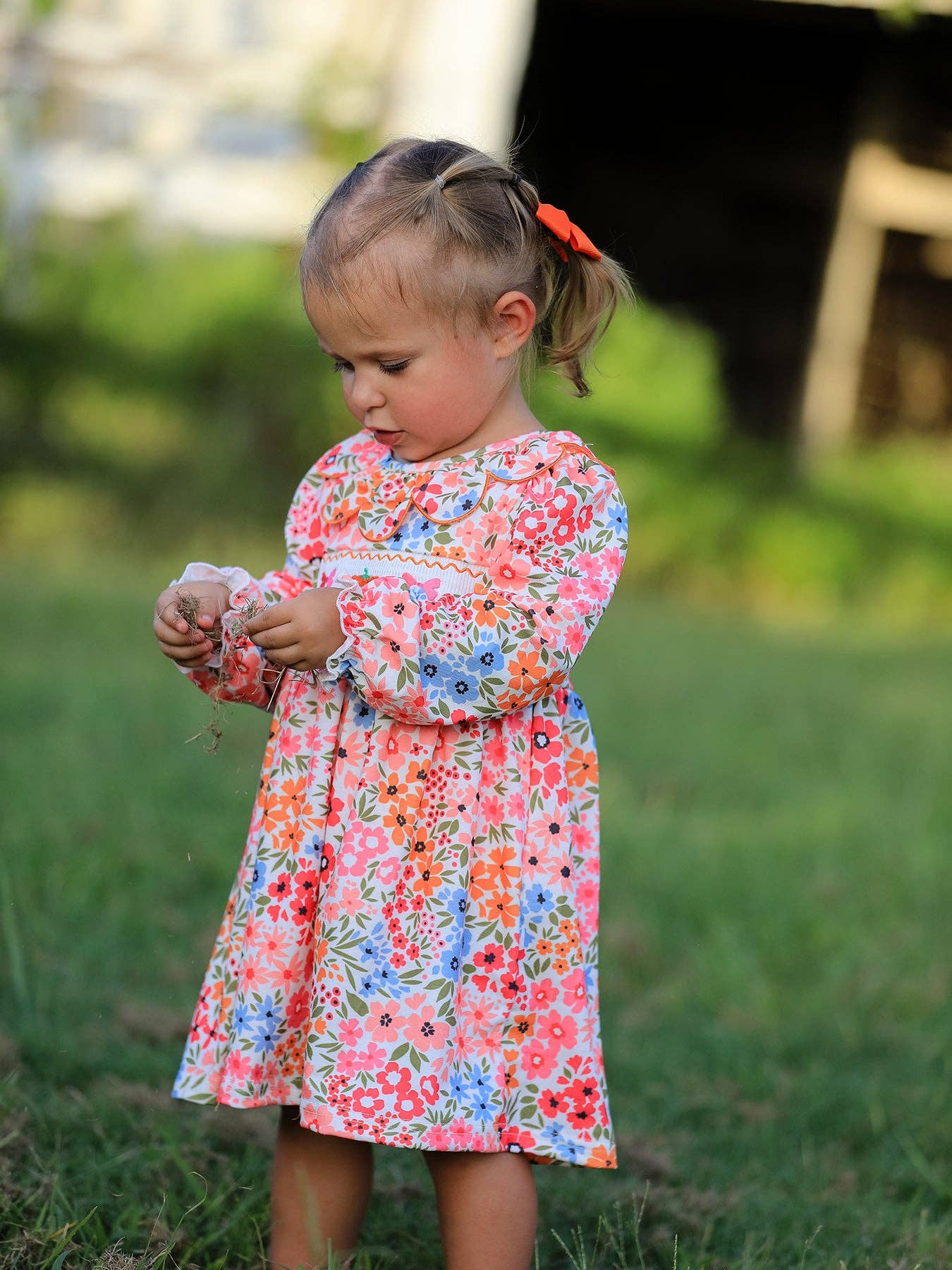 Fall Halloween & Thanksgiving Pumpkin Bow Smock Embroidered Floral Dress: 5