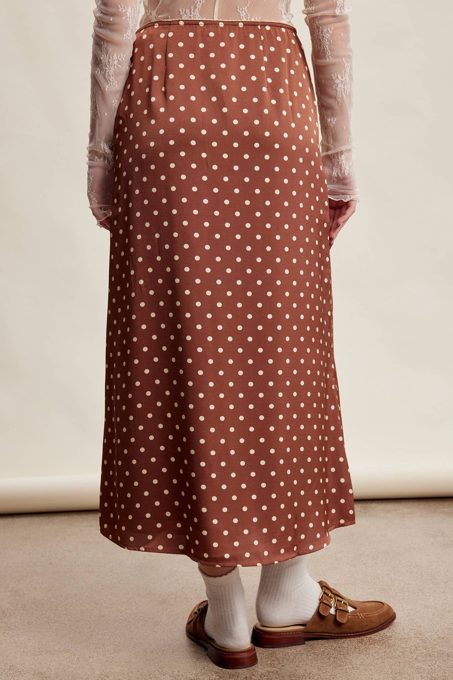 Polka Dot Satin Maxi Skirt LSK0289: Mocha / Contemporary / S