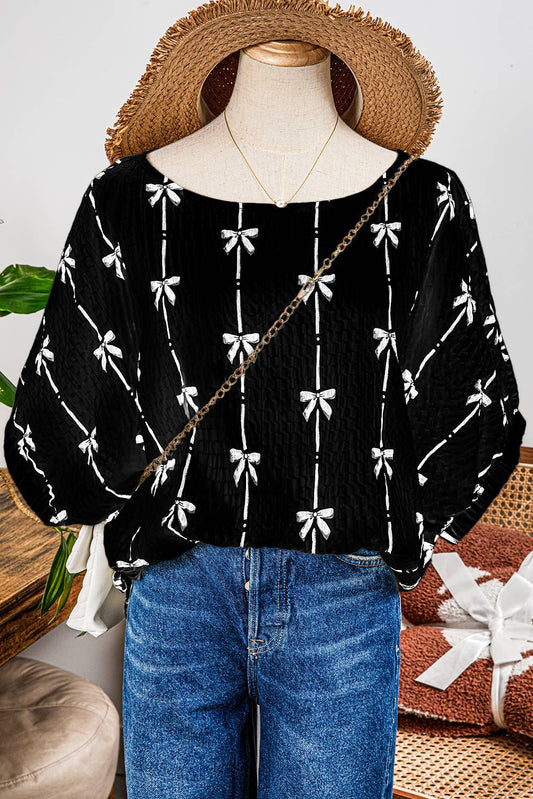 Fashion-W Bow Print Puff Short Sleeve Top: Black / Missy / L