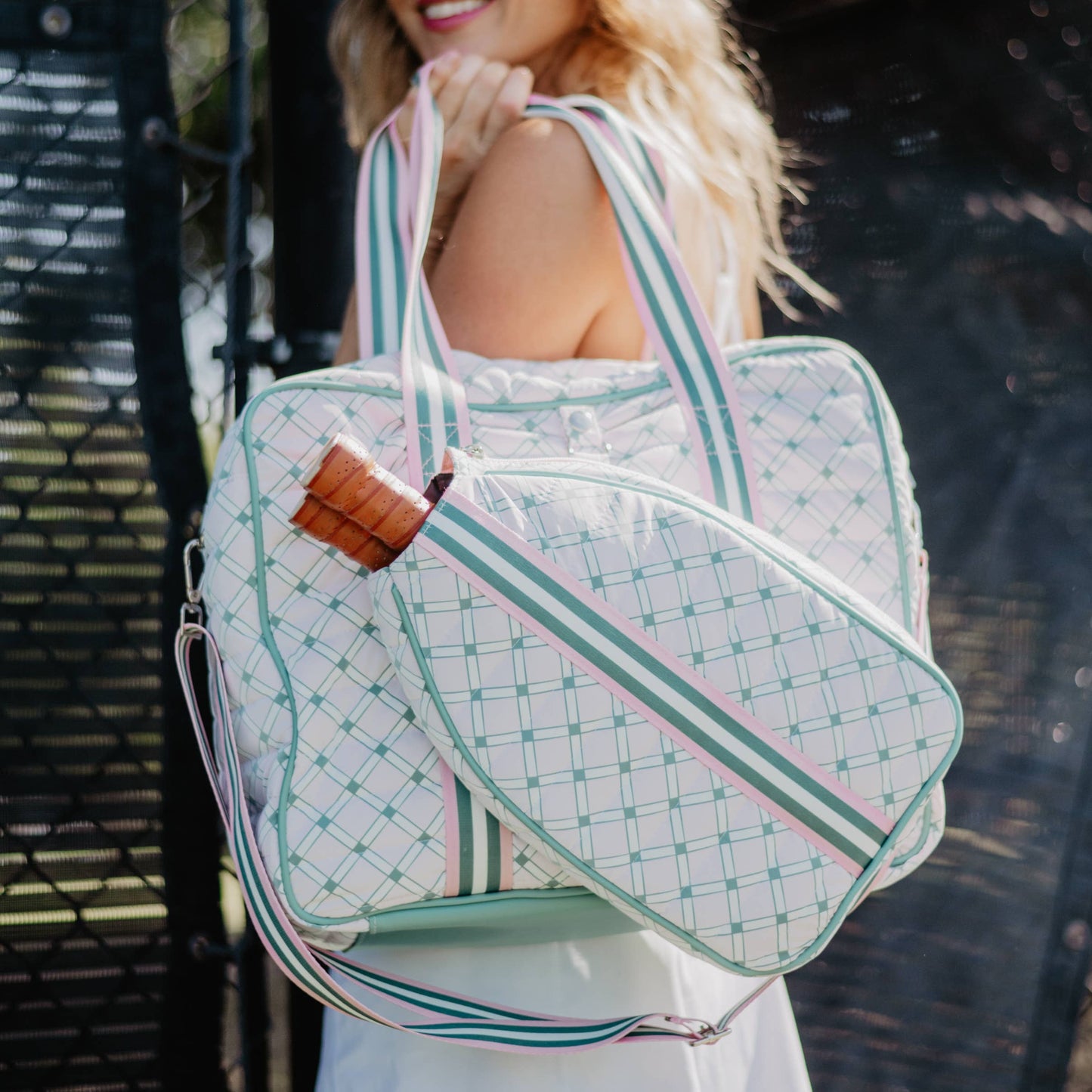 Light Pink and Green Pattern Pickleball Bag: Light Pink