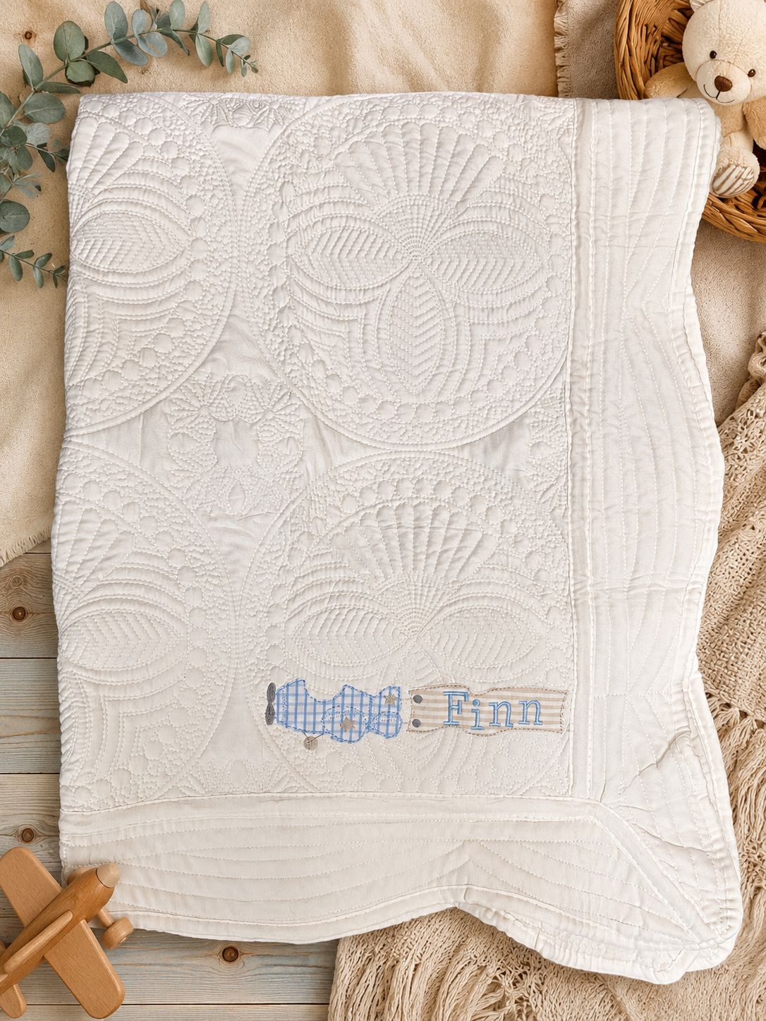 Embroidered Heirloom Ivory Quilt: