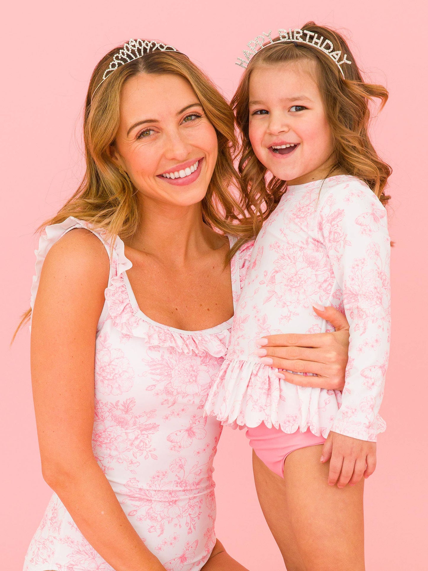 Girls Pink Butterfly Garden Toile Long Sleeve Rash Guard 2-Piece: Pink / 4T