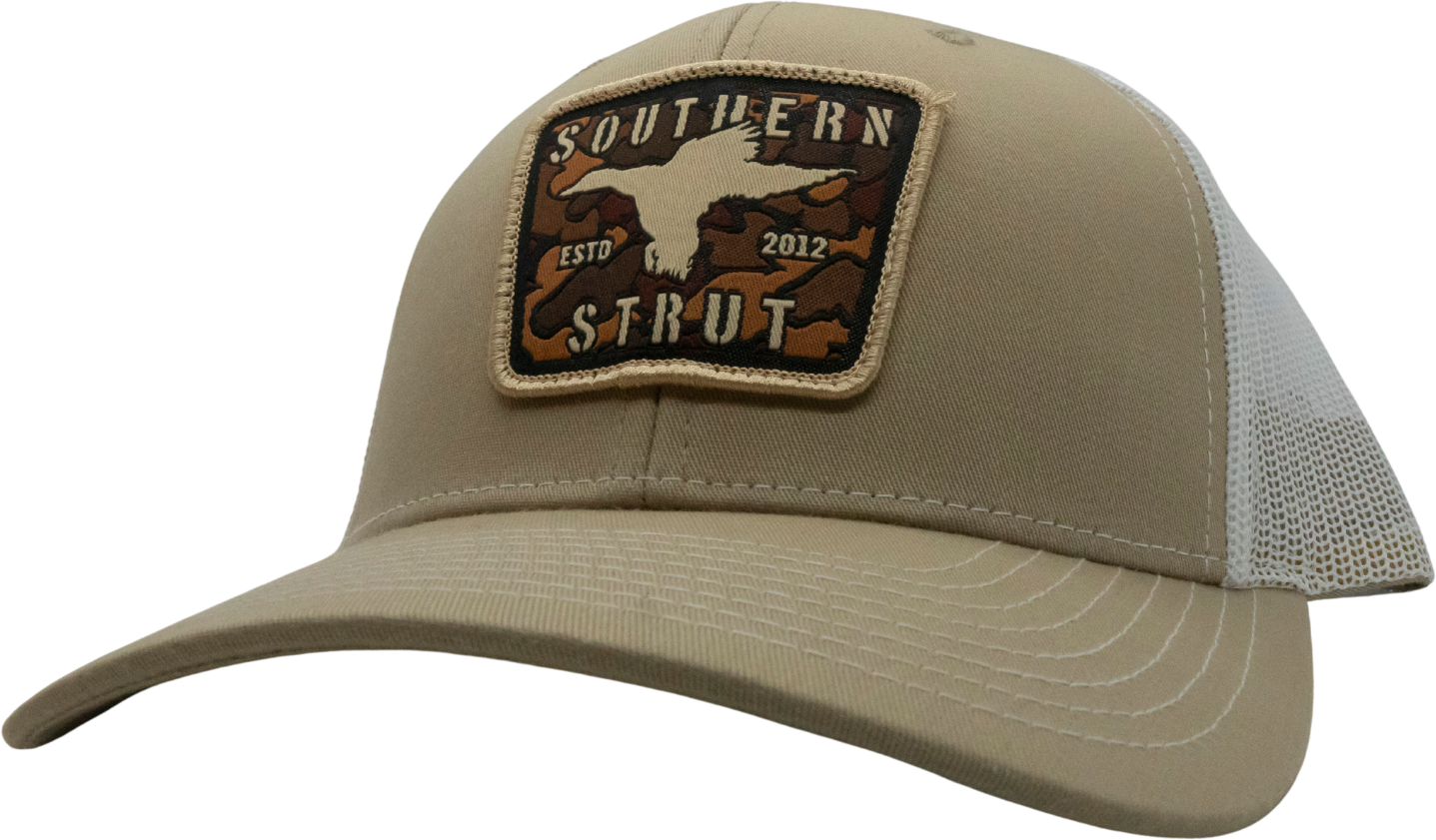 Camo Duck Woven Patch Trucker Hat: Tan/Loden/Brown