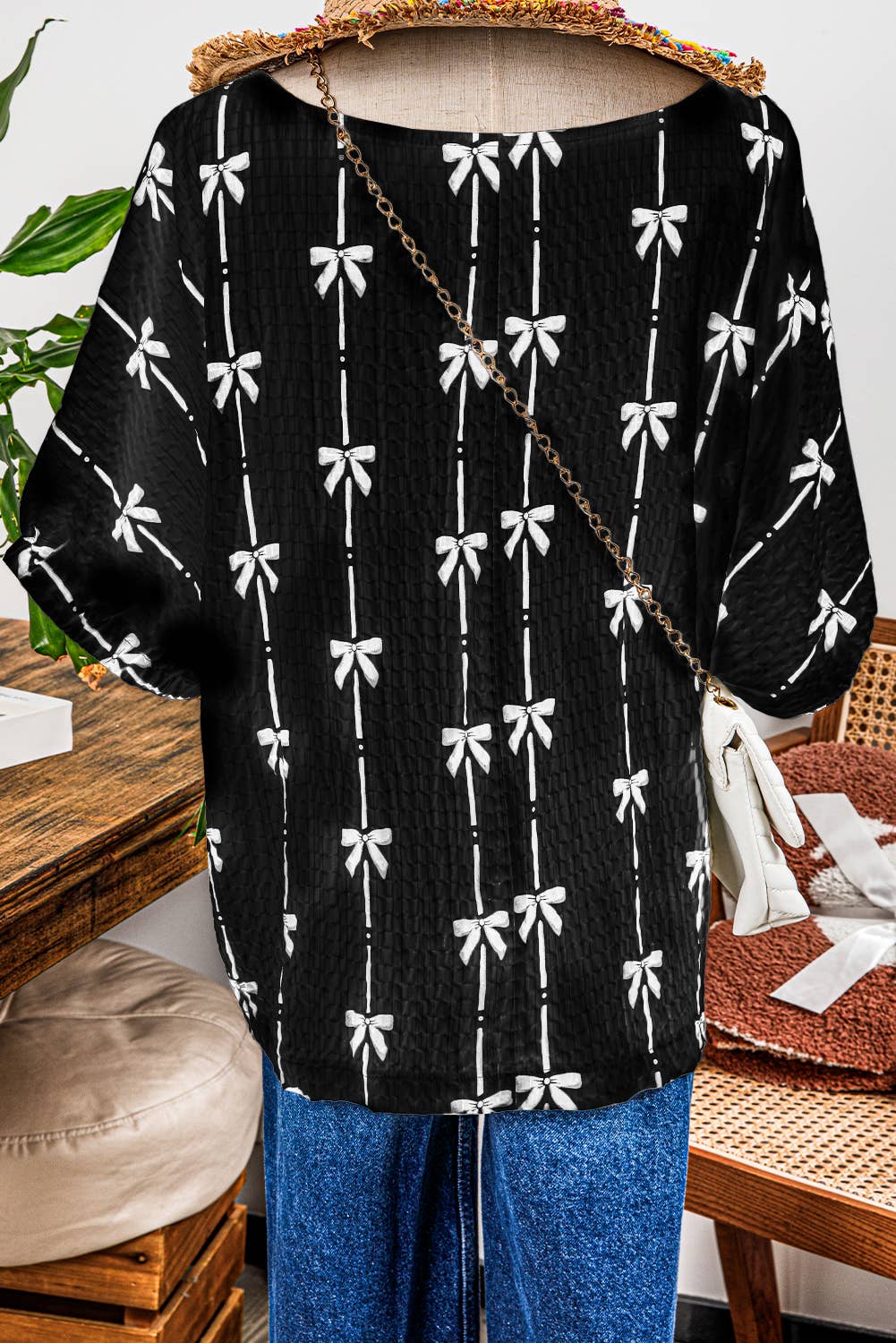 Fashion-W Bow Print Puff Short Sleeve Top: As shown / Missy / L