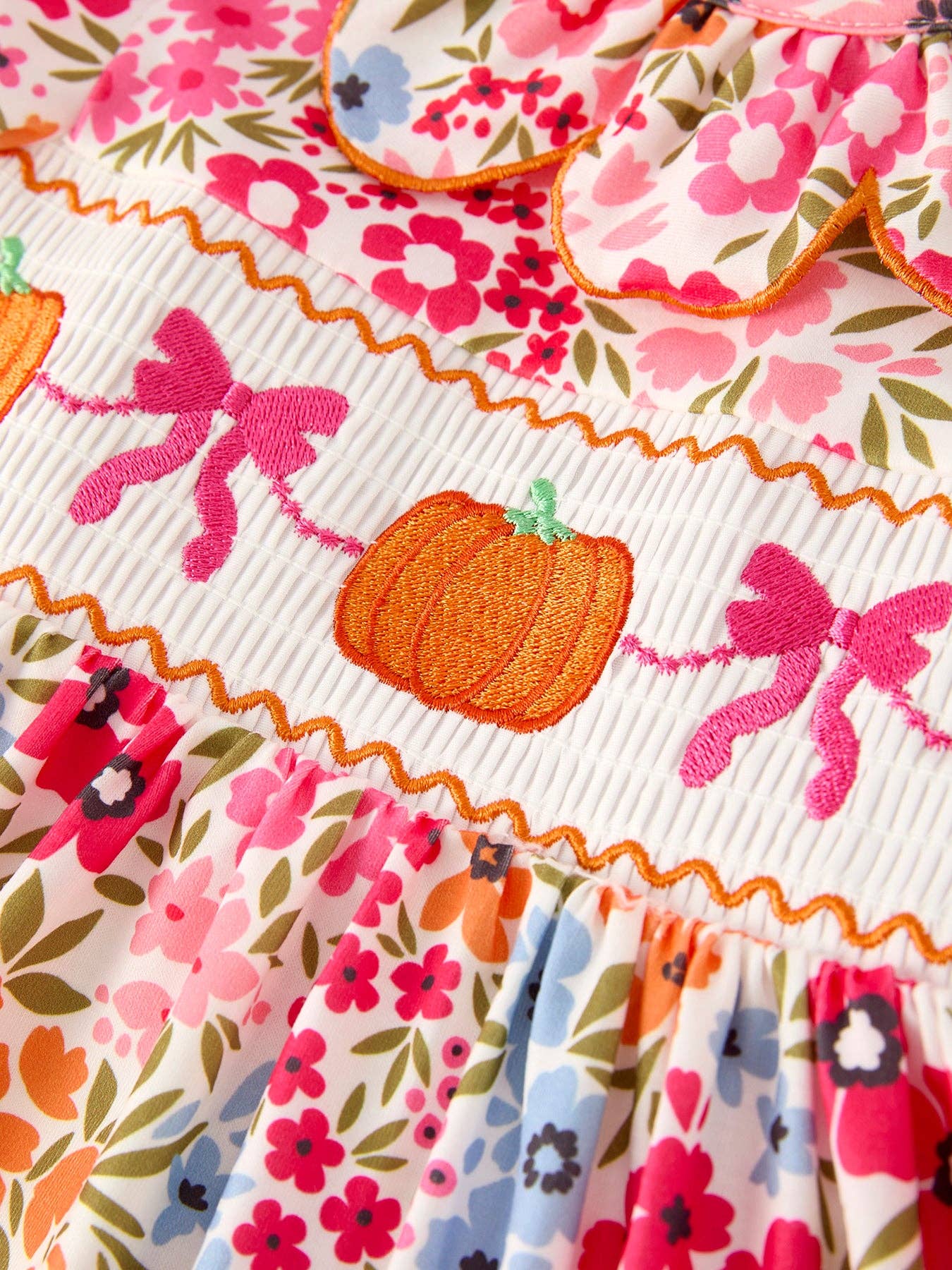 Fall Halloween & Thanksgiving Pumpkin Bow Smock Embroidered Floral Dress: 7