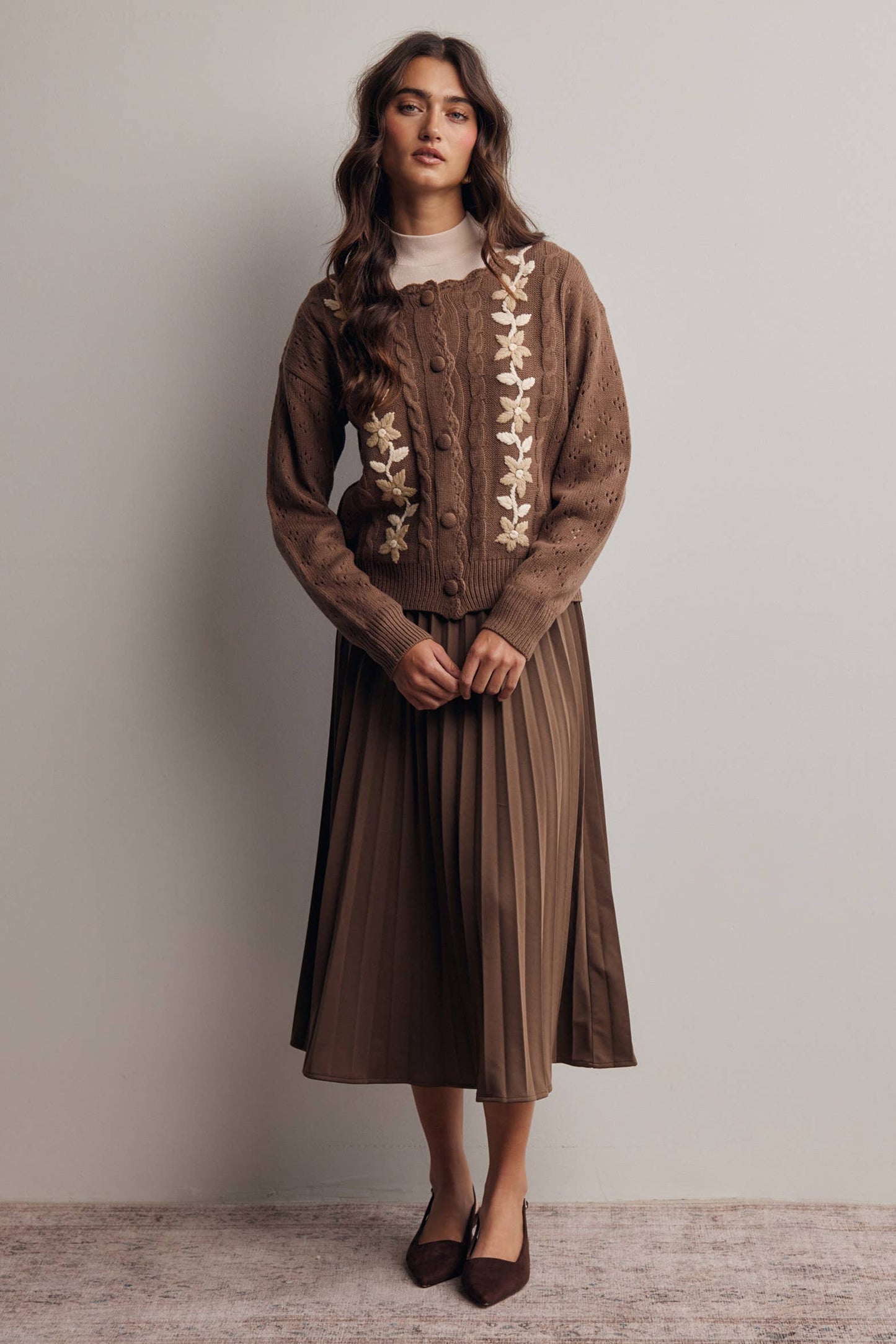 Stretch Pleated Midi Skirt FSK0027: Brown / Contemporary / L