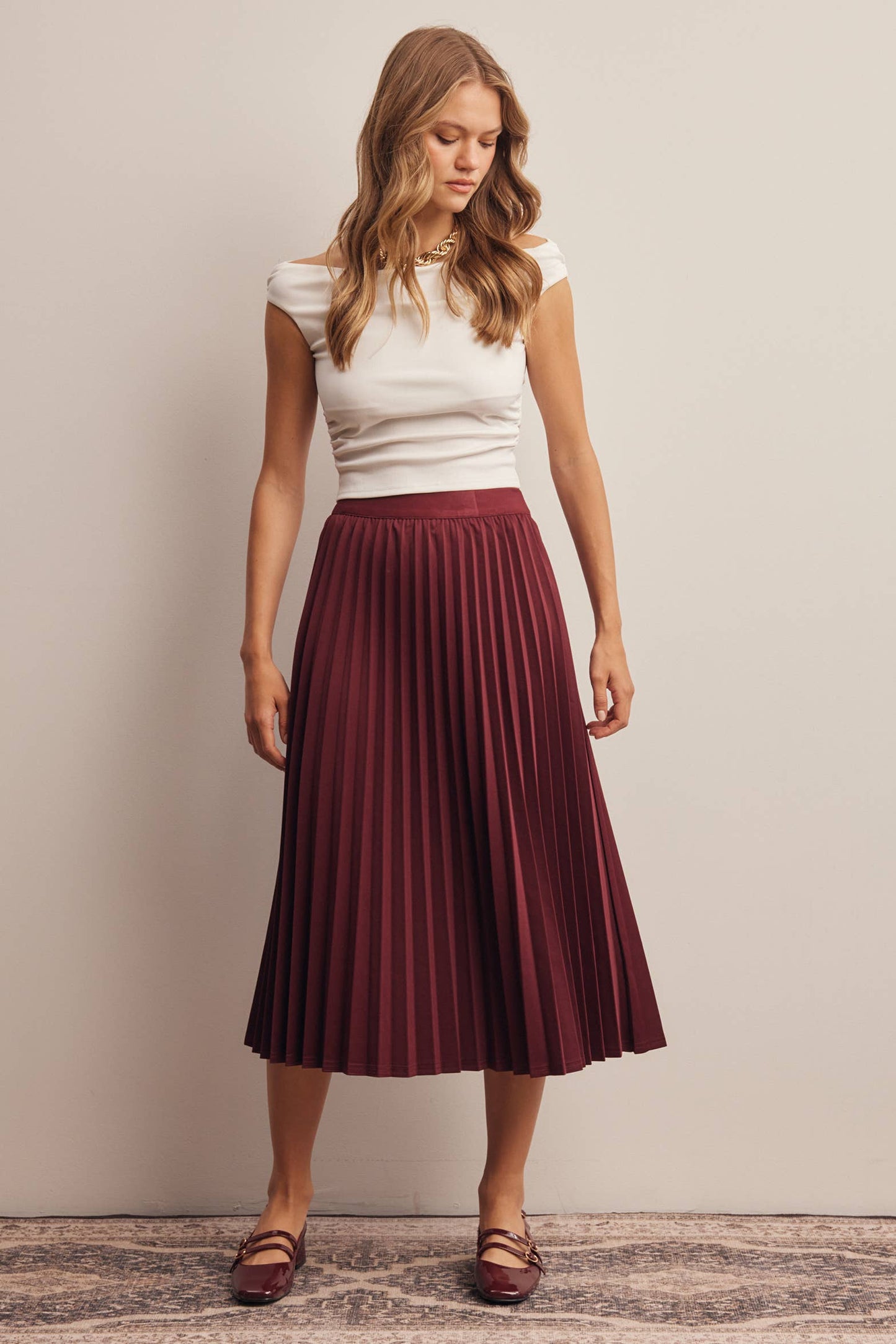 Stretch Pleated Midi Skirt FSK0027: Brown / Contemporary / S