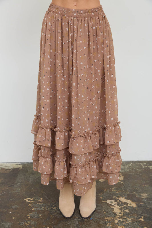 FLORAL RUFFLED TIERED HEM MIDI SKIRT: MOCHA MULTI