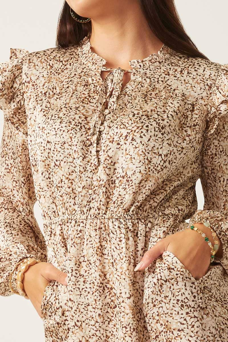 Womens Ditsy Floral Ruffle Detailed Buttoned Dress: Taupe / L